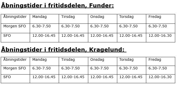 Åbningstider i fritidsdelen på Tollundskolen